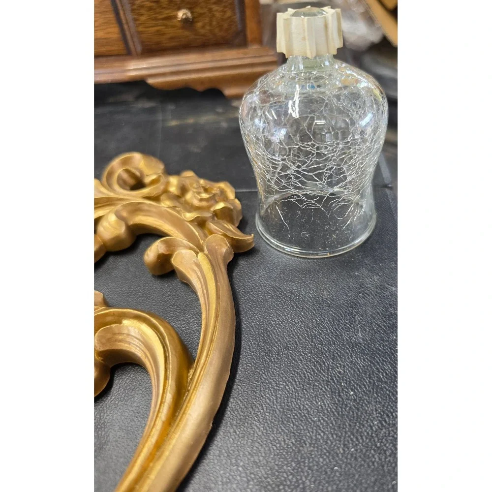 Vintage Homco Gold Wall Sconces Pair 4118 Hollywood Regency Crackle Glass 1971